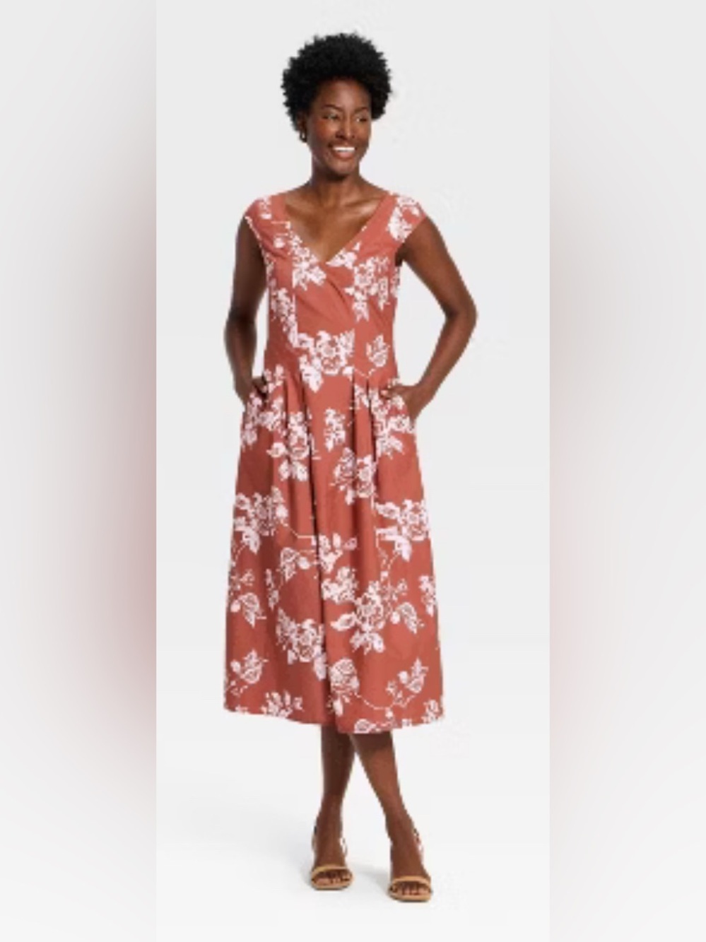 a new day Rust Floral V-Neck Midi Dress with White Print